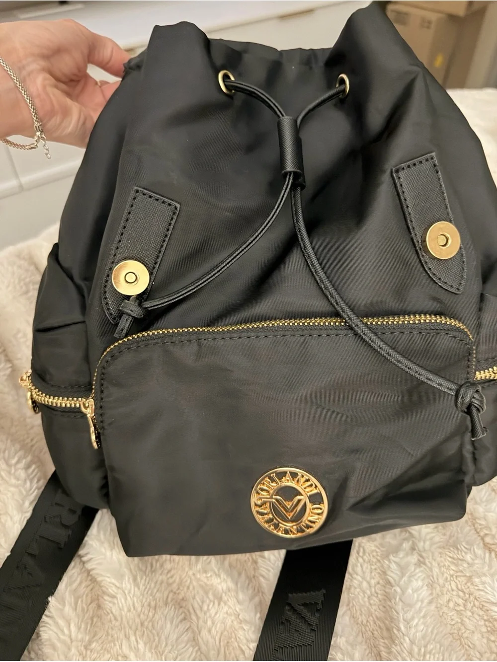 Valentino Black Nylon Backpack with Gold-Tone Emblem and Hardware